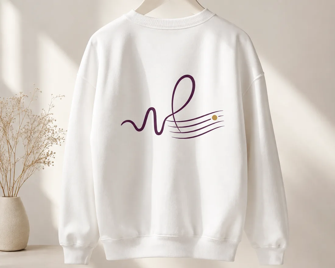 A cream sweatshirt on a wooden hanger, printed across the chest with the plum Voice by Chany logo, beside a vase of dried flowers.